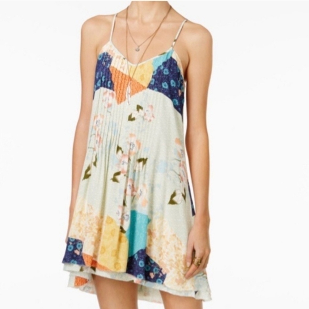 Sanctuary Patchwork Floral Mini Dress in Cream, Blue, Yellow